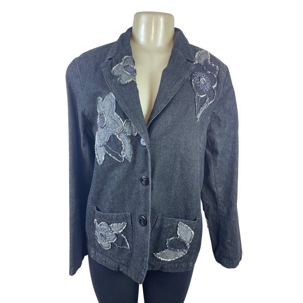Ruby Rd. Womens Denim Blazer Jacket W/ Floral Embroidery Size 10